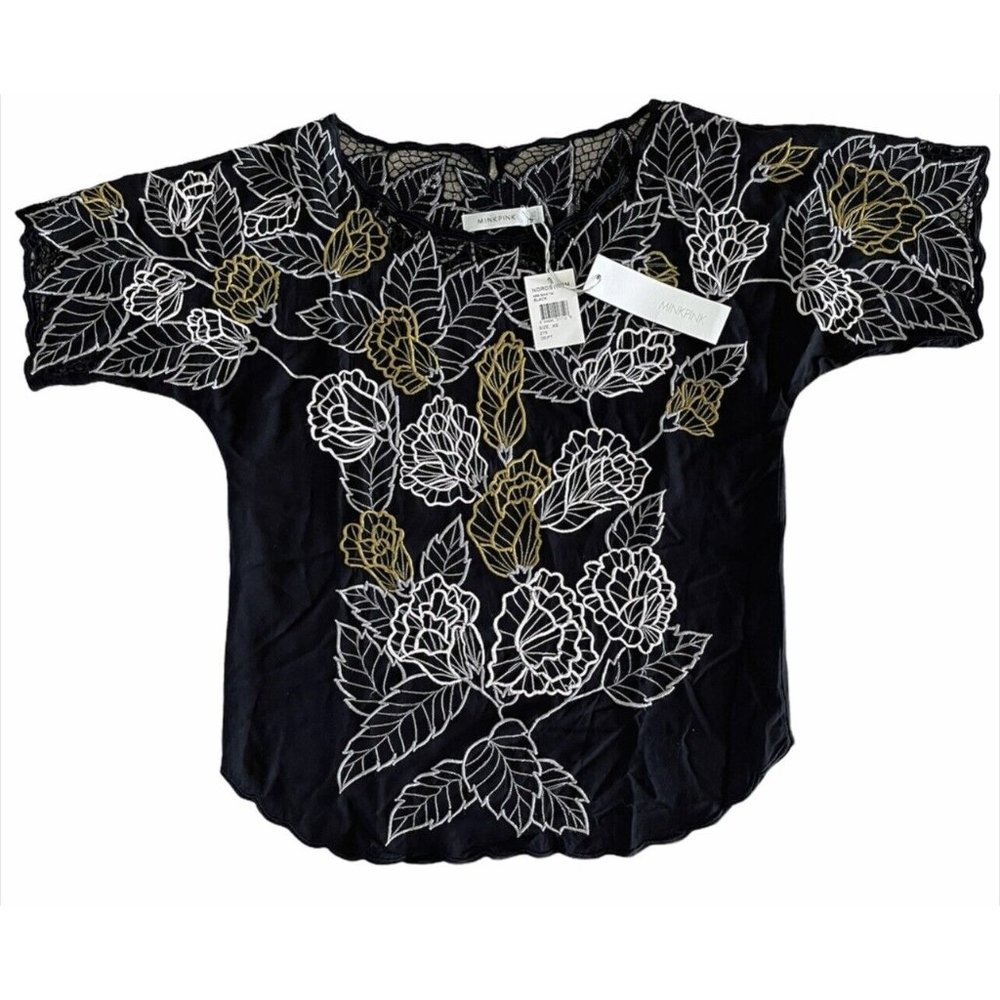 NEW MINKPINK Womens Bondi Top Embroidered Black Short Sleeve‎ Rayon Top $125 XS